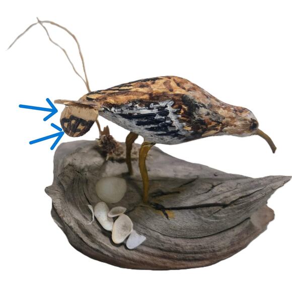 2-Hand-Carved Driftwood Sculptures ShoreBird w/Grass, Seashells/Owl Googly Eyes - Picture 5 of 8